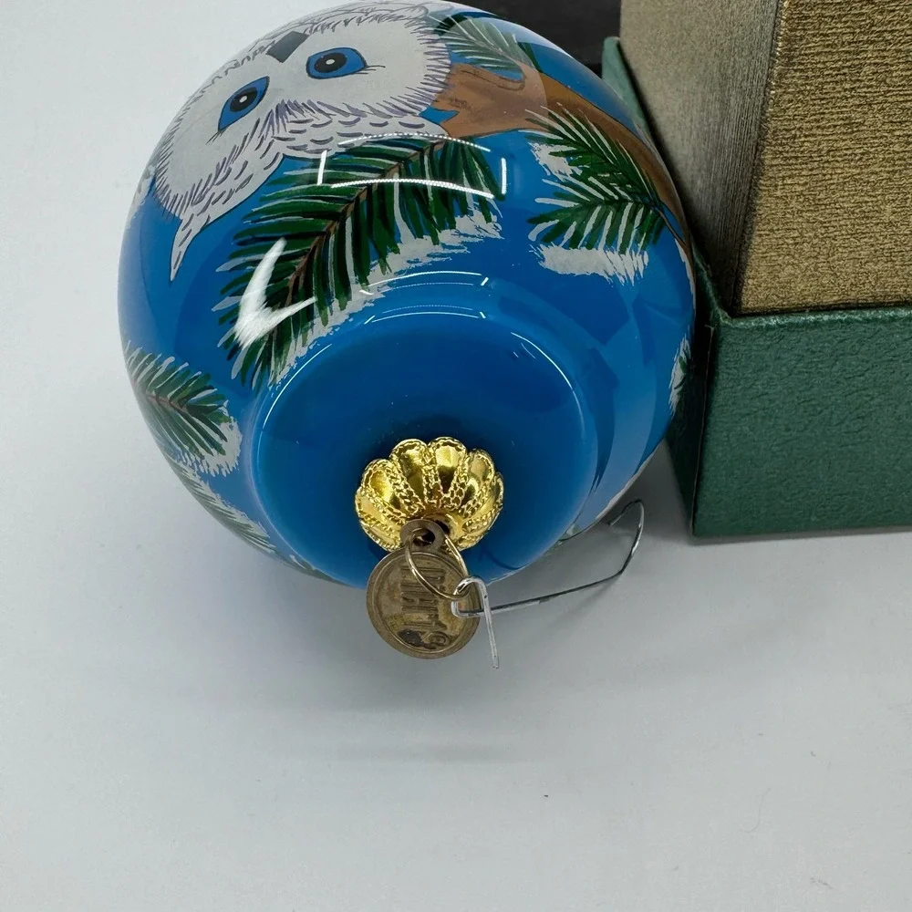 Pier 1 Li Bien Snow Owl Ornament 2015 Hand Painted Glass Blue Christmas Boxed